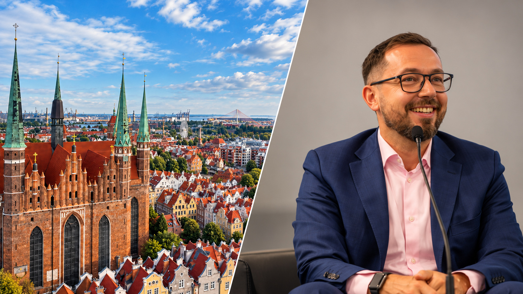 Kolaż panoramy Gdańska i portretu Tomasza Wrzesiewskiego