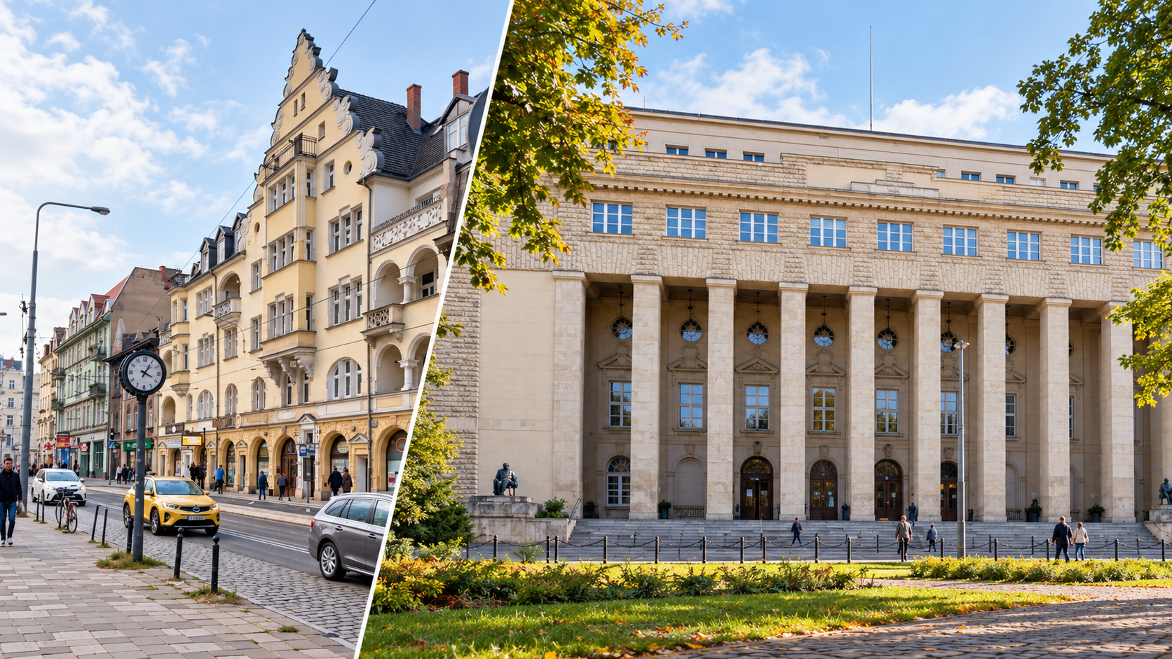Kolaż poznańskiej ulicy i gmachu Uniwersytetu Ekonomicznego w Poznaniu