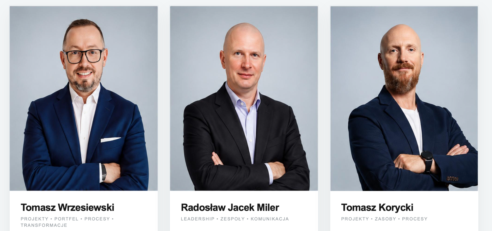 Zespół ASG: Tomasz Wrzesiewski — projekty, portfel, procesy i transformacje; Radosław Jacek Miler — leadership, zespoły i komunikacja; Tomasz Korycki — projekty, zasoby i procesy